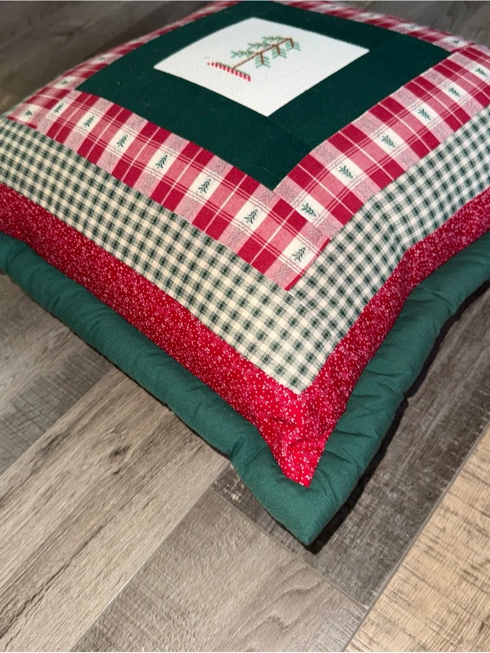 Handmade patchwork Holiday Plaid Tree Decorative Pillow - Green and Red